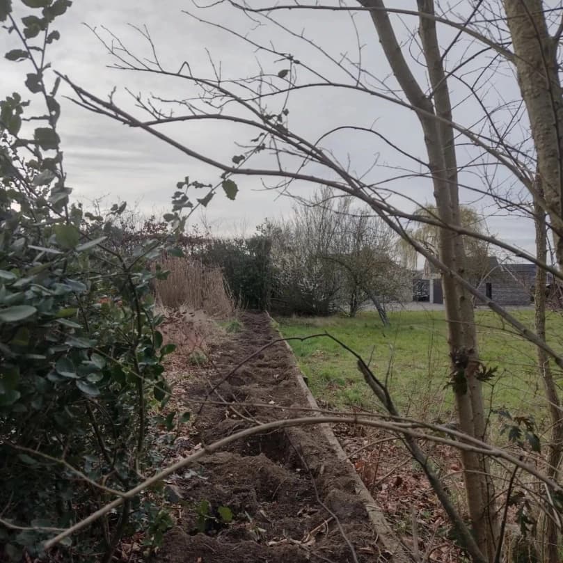Opgeruimde tuinrand langs een weiland